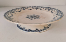 Assiette piédouche E. Bourgeois – décor bleu Excelsior fin 19ème