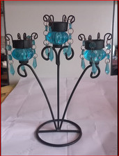 Bougeoir triple en métal noir et verre bleu – Élégance et éclat