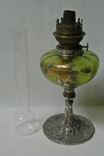 Vintage French Hand Painted Green Glass Metal Base Oil Lamp Chimney Art Nouveau