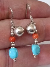 Boucles d'Oreilles Navajo Argent Massif 925 Turquoise & Corail Rouge 3,8 g Bijou