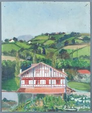 Ancien Tableau "Maison au Pays Basque" Peinture Huile Antique Oil Painting House