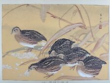 Estampe japonaise sur bois « Cailles et millet » oiseau Rakuzan grande taille...