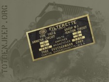PLAQUETTE LABEL PLAQUE LAITON FILTERETTE FILTRE TOBE WILLYS GPW   .  JEEP US WW2