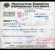 PARIS (III°) MANUFACTURE PARISIENNE D'APPAREILLAGE ELECTRIQUE / Facture en 1950