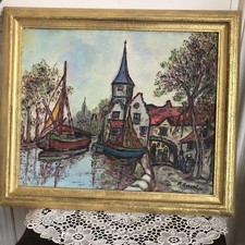 TABLEAU ENCADRÉ HUILE SUR PANNEAU BOIS ENTOILÉ « LE PETIT PORT »