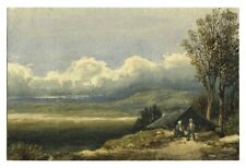 Paysage animé - Dessin original ancien à l'aquarelle