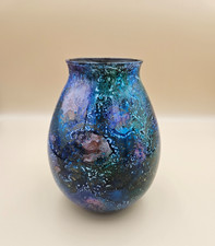 Vase en verre laqué style Laque Line– Bleu Vert Rose et Or h 16 cm Parfait État 