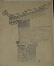 HENRI LAFFILLEE DESSIN ORIGINAL SIGNE COUPE SUR ENTABLEMENT D'UN PORTIQUE BOIS