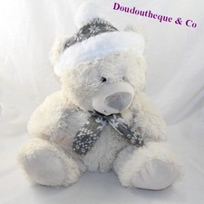Peluche ours FIZZY beige bonnet et écharpe gris assis 33 cm (MO9144)