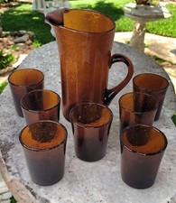 BIOT ensemble orangeade verre ambré soufflé bullée pichet et 7 verres 