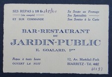 Carte de visite BAR RESTAURANT DU JARDIN PUBLIC Goalard BIARRITZ