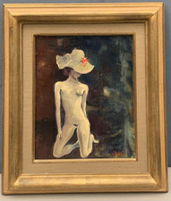 Tableau Ancien Huile Portrait Nu Féminin Chapeau Jeannine POTIER XXe