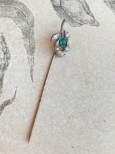 Ancienne épingle à chapeau / cravate perle de verre verte fleurs - 1900