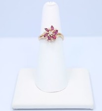 Beautiful Ring with Marquise-Shaped Rubies & Diamond in Center 10k Yellow Gold
