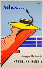 VINTAGE FRENCH TRAVEL POSTER "RELAX" COMPAGNIE MARITIME RENE GRUAU A+