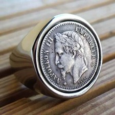 Bague Chevalière Véritable 50 Centimes Argent Napoléon III en Acier Inoxydable 
