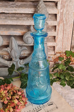 ANCIENNE CARAFE BLEUE ET BOUCHON JE PORTE BONHEUR