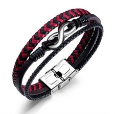 Bracelet Homme Cuir Tressé Acier Inoxydable Symbole Infini Noir Et Rouge