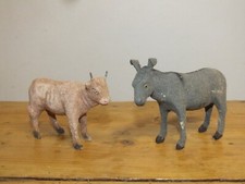 lot 2 santons de crèche anciens, animaux floqués Bœuf et Ane