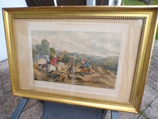 Gravure couleur XIX ième  temps de la  chasse  anglaise roi Georges II