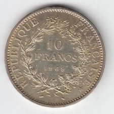 1969 France Pièce de 10 Francs Hercule & Nymphes 37mm 25gr ARGENT 900 #32