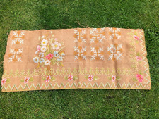 Pretty Antique French Hand Wool Needlepoint Panel Length on Hessian Jute