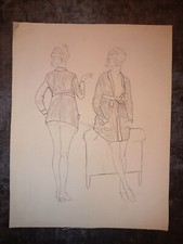 Femme à la cigarette en deshabillé - Dessin coquin à la plume - 1930 -30 x 23 cm