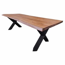 Table à Manger Xeno 140-260cm Acacia Bois Massif Avec Baumkante X-Gestell en