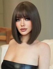 Perruque Synthétique Brun Foncé Courte A Frange 30cm +4 Bonnet