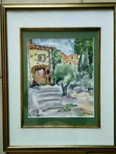 ART TABLEAU PEINTURE AQUARELLE ORIGINALE VILLAGE PROVENCE SIGNE JUMEAUX JP 