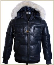 Pilot 6 Aviator Doudoune Hommes Bleu Neuf Blouson Capuche Fourrure Agneau Cuir