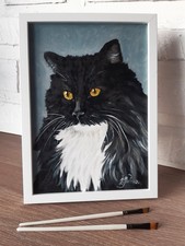 Smoking chat aux poils longs peinture à l'huile originale encadrée 12 x 9...