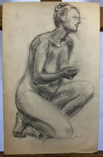 Crayon Portrait Nu Femme Nue Accroupie Beauté Style Modèle Art