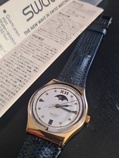  Swatch Watch CEO MOON PHASE GX709 with Case & Papers 1992 Gold Plated Bezel
