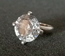 Ancienne Grosse Bague Solitaire Cristal De Roche Sur Argent Massif T: 50 .