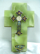 🇫🇷 ANCIEN BÉNITIER CROIX MARBRE ÉMAUX CLOISONNE JESUS RELIGION