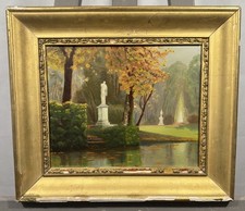 Ancienne huile sur panneau XIXe signée : sculptures dans le parc d'un château