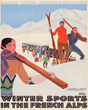 Affiche ancienne chemin de fer ski des Alpes françaises Mont-Blanc -...