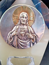 bénitier Jésus Christ sur marbre plaque en laiton et verre sculpture signé