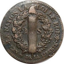 O9013 Rare 2 Sols Louis XVI Français an 4 1792 BB Strasbourg incuse TTB+