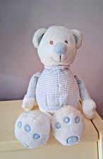 Doudou pantin ours blanc bleu rayé rayures vichy Grelot 26 cm, TBE, monoprix