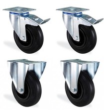 Lot roulettes pivotante à frein & fixe caoutchouc noir 160mm charge 405kg