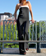 CHIC Combinaison Noir Palazzo Bustier Bande Rose Nude Maquillage ZARA T S