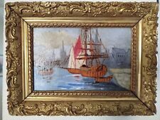 Petite huile marine 20e, sur panneau de bois , cadre stuc doré.
