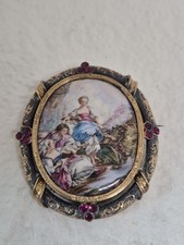Ancienne Broche Argent Vermeil Scène Émail sur Porcelaine 19ème