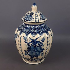 Vase Potiche En Céramique Signé NOVE Italie À Côtes Décor Bleu Fleurs Vintage