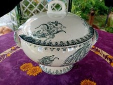 Grande Soupière Légumier ancien Terre Fer Sté Amandinoise Modèl Iris Vert 29,5cm