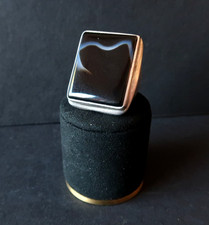Bijou Ancien Bague Argent Massif et Pierre Agate Noire 1960-1970