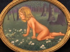 ART DECO Peinture sur Porcelaine Y. Démias 1921 Enfant à la Grenouille Cadre 