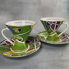 2 tasse & soucoupe porcelaine décor du galion vert abstrait Léonardo collection